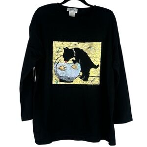 Scribbles Black Cat in the Fish Bowl Artsy Art to Wear Long Sleeve Top Size XL